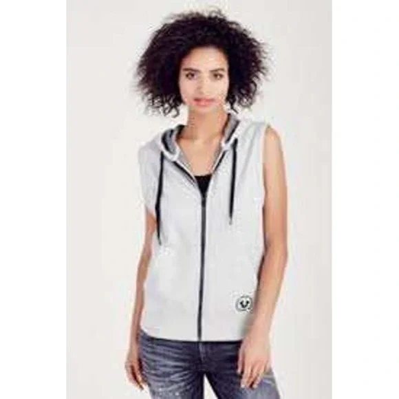 True Religion Womens Medium Streetwear Sleeveless Zip Up‎ Hoodie Vest Gray Gorp - Picture 2 of 11